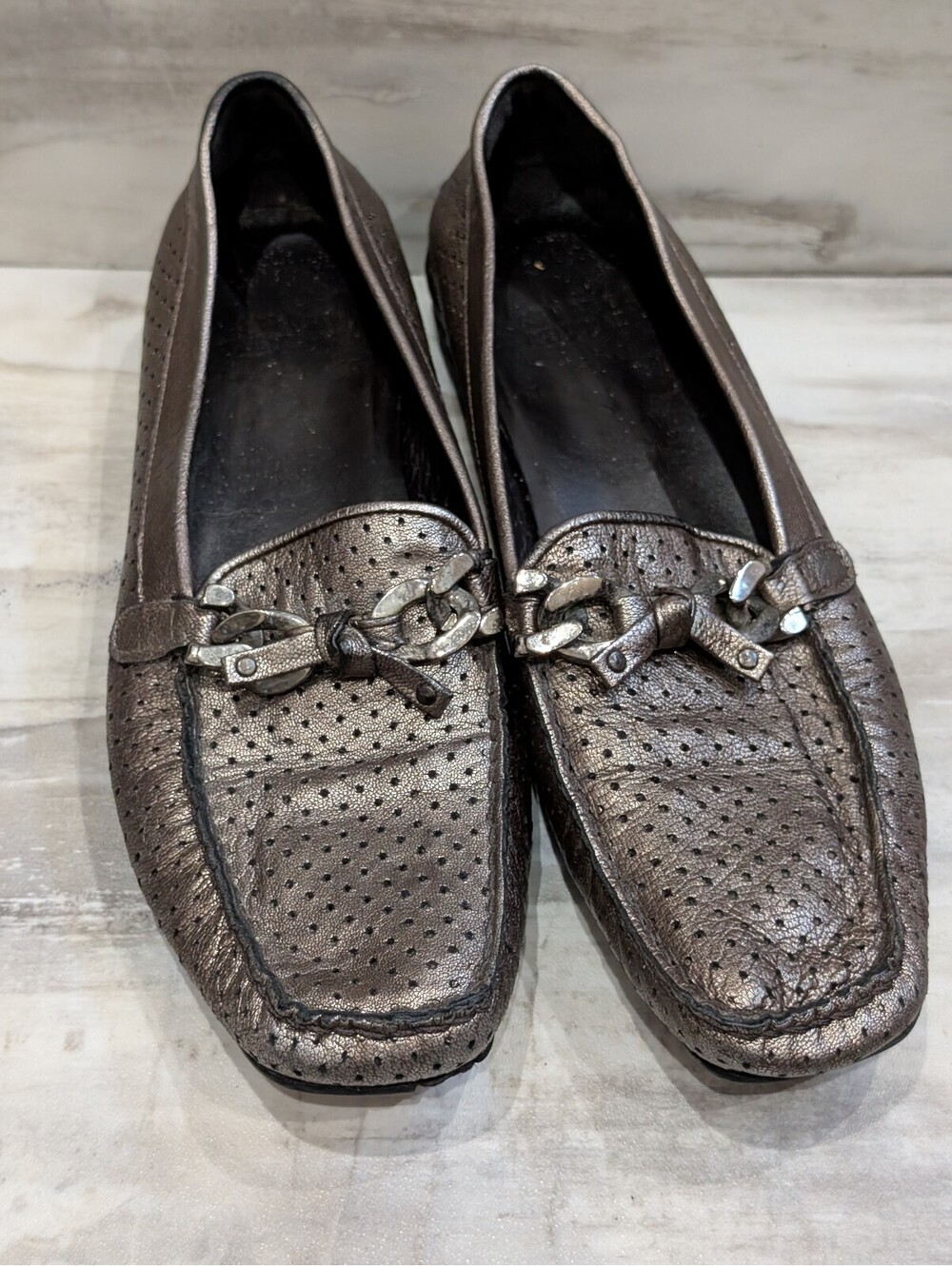 Stuart Weitzman Metallic Bronze Perforated Leather Loafers Size 8.5